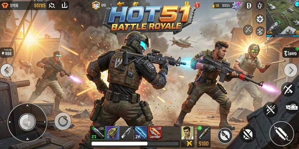 Gameplay HOT51 menampilkan pertarungan intens dalam arena Battle Royale.