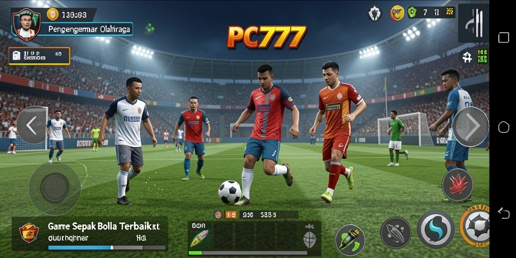 Screenshot gameplay PC777 menunjukkan aksi seru di lapangan sepak bola.