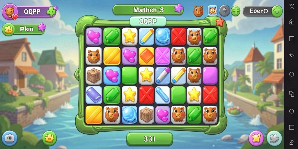 Screenshot QQRP menampilkan gameplay Match-3 yang menarik dan penuh warna.