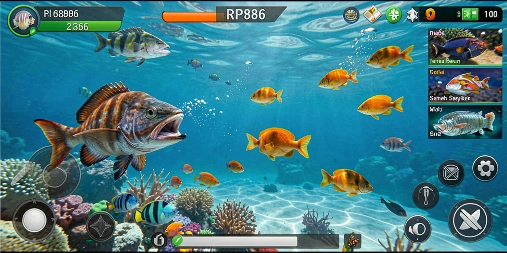 Tampilan gameplay seru dalam game Tembak Ikan RP886.